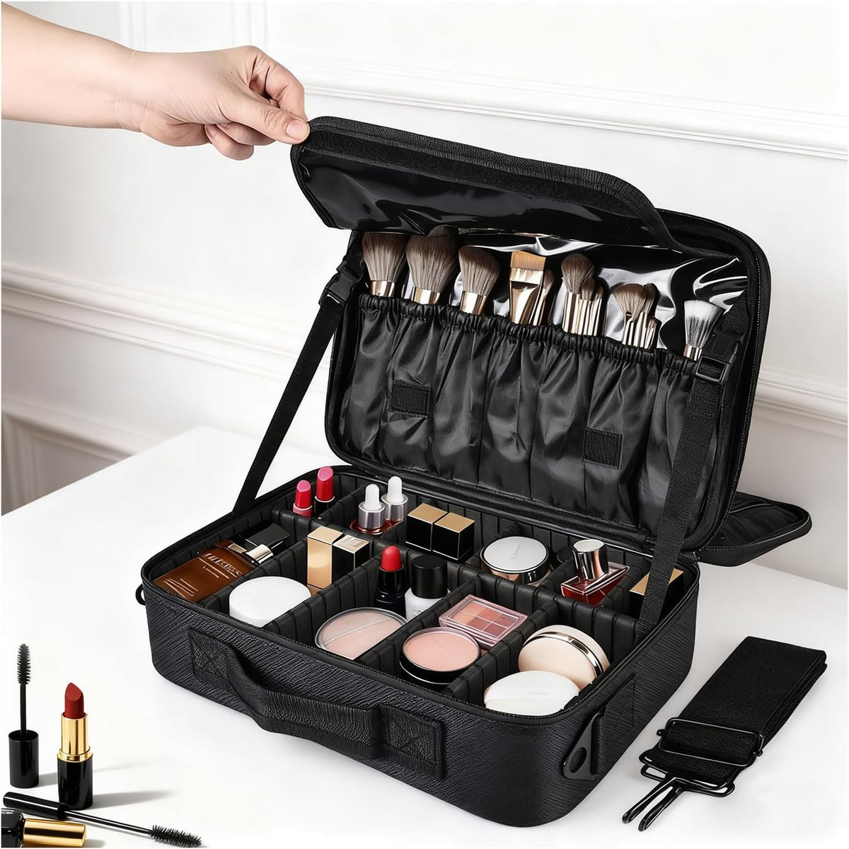 Travel Makeup Bag, Professional Cosmetic Train Case Organizer, Portable Travel Cosmetic Brush Bag Holder Makeup Artist Storage Box with Adjustable Dividers and Shoulder Strap, Black