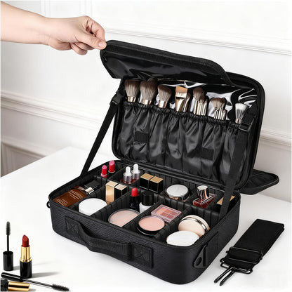 Travel Makeup Bag, Professional Cosmetic Train Case Organizer, Portable Travel Cosmetic Brush Bag Holder Makeup Artist Storage Box with Adjustable Dividers and Shoulder Strap, Black