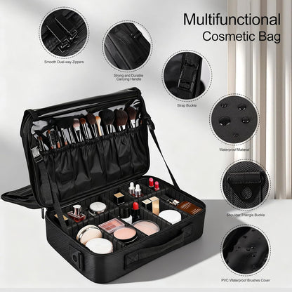 Travel Makeup Bag, Professional Cosmetic Train Case Organizer, Portable Travel Cosmetic Brush Bag Holder Makeup Artist Storage Box with Adjustable Dividers and Shoulder Strap, Black