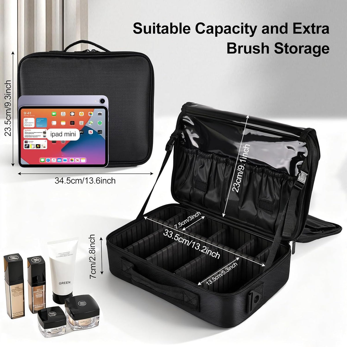 Travel Makeup Bag, Professional Cosmetic Train Case Organizer, Portable Travel Cosmetic Brush Bag Holder Makeup Artist Storage Box with Adjustable Dividers and Shoulder Strap, Black