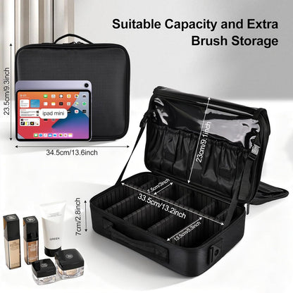 Travel Makeup Bag, Professional Cosmetic Train Case Organizer, Portable Travel Cosmetic Brush Bag Holder Makeup Artist Storage Box with Adjustable Dividers and Shoulder Strap, Black
