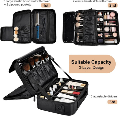 Travel Makeup Bag, Professional Cosmetic Train Case Organizer, Portable Travel Cosmetic Brush Bag Holder Makeup Artist Storage Box with Adjustable Dividers and Shoulder Strap, Black