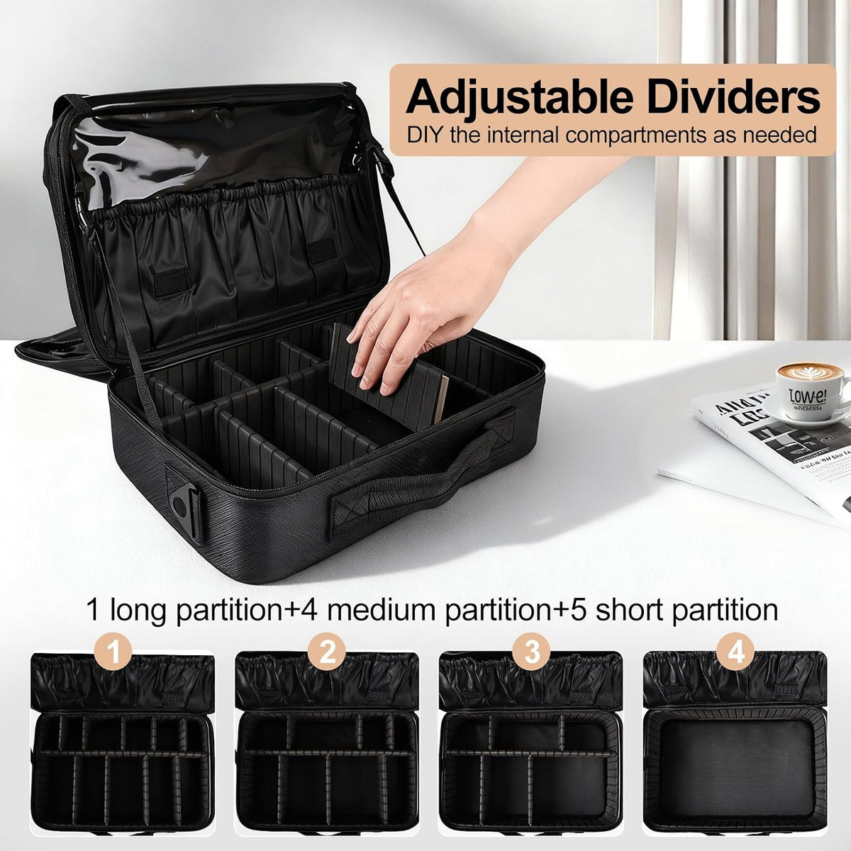 Travel Makeup Bag, Professional Cosmetic Train Case Organizer, Portable Travel Cosmetic Brush Bag Holder Makeup Artist Storage Box with Adjustable Dividers and Shoulder Strap, Black