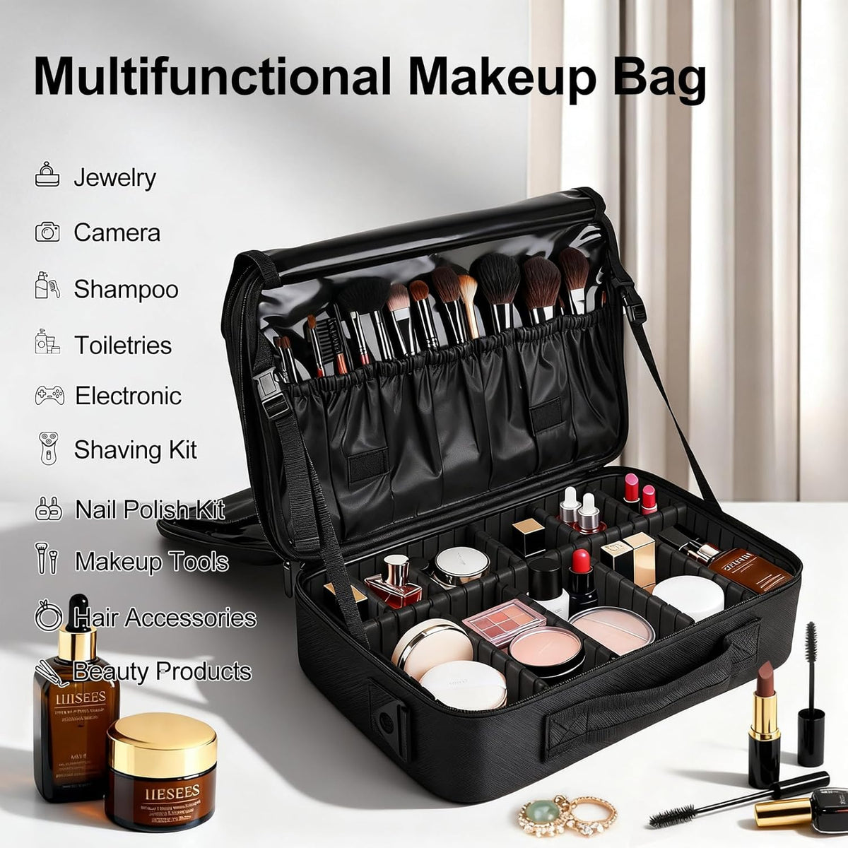 Travel Makeup Bag, Professional Cosmetic Train Case Organizer, Portable Travel Cosmetic Brush Bag Holder Makeup Artist Storage Box with Adjustable Dividers and Shoulder Strap, Black
