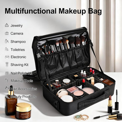 Travel Makeup Bag, Professional Cosmetic Train Case Organizer, Portable Travel Cosmetic Brush Bag Holder Makeup Artist Storage Box with Adjustable Dividers and Shoulder Strap, Black