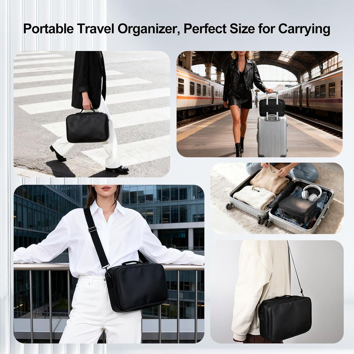 Travel Makeup Bag, Professional Cosmetic Train Case Organizer, Portable Travel Cosmetic Brush Bag Holder Makeup Artist Storage Box with Adjustable Dividers and Shoulder Strap, Black
