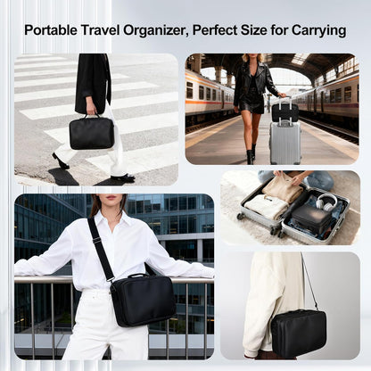 Travel Makeup Bag, Professional Cosmetic Train Case Organizer, Portable Travel Cosmetic Brush Bag Holder Makeup Artist Storage Box with Adjustable Dividers and Shoulder Strap, Black