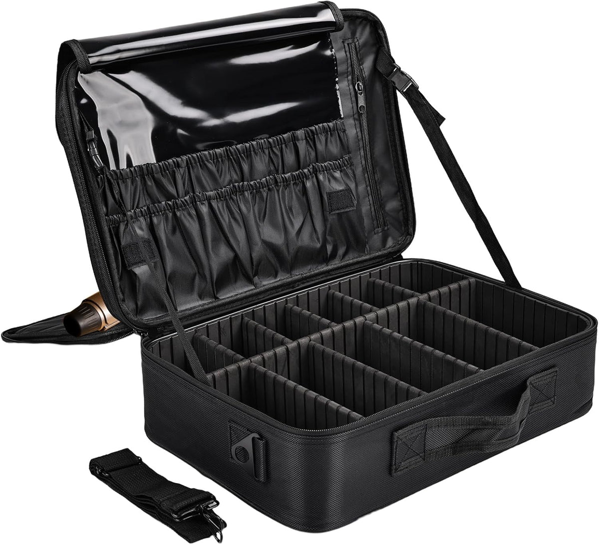 Travel Makeup Bag, Professional Cosmetic Train Case Organizer, Portable Travel Cosmetic Brush Bag Holder Makeup Artist Storage Box with Adjustable Dividers and Shoulder Strap, Black