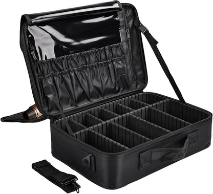 Travel Makeup Bag, Professional Cosmetic Train Case Organizer, Portable Travel Cosmetic Brush Bag Holder Makeup Artist Storage Box with Adjustable Dividers and Shoulder Strap, Black