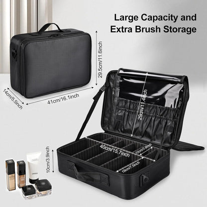 Travel Makeup Bag, Professional Cosmetic Train Case Organizer, Portable Travel Cosmetic Brush Bag Holder Makeup Artist Storage Box with Adjustable Dividers and Shoulder Strap, Black