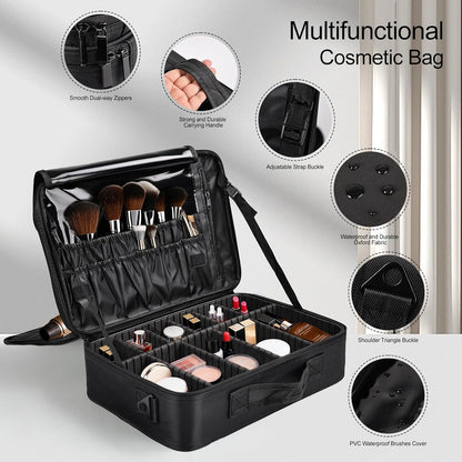 Travel Makeup Bag, Professional Cosmetic Train Case Organizer, Portable Travel Cosmetic Brush Bag Holder Makeup Artist Storage Box with Adjustable Dividers and Shoulder Strap, Black