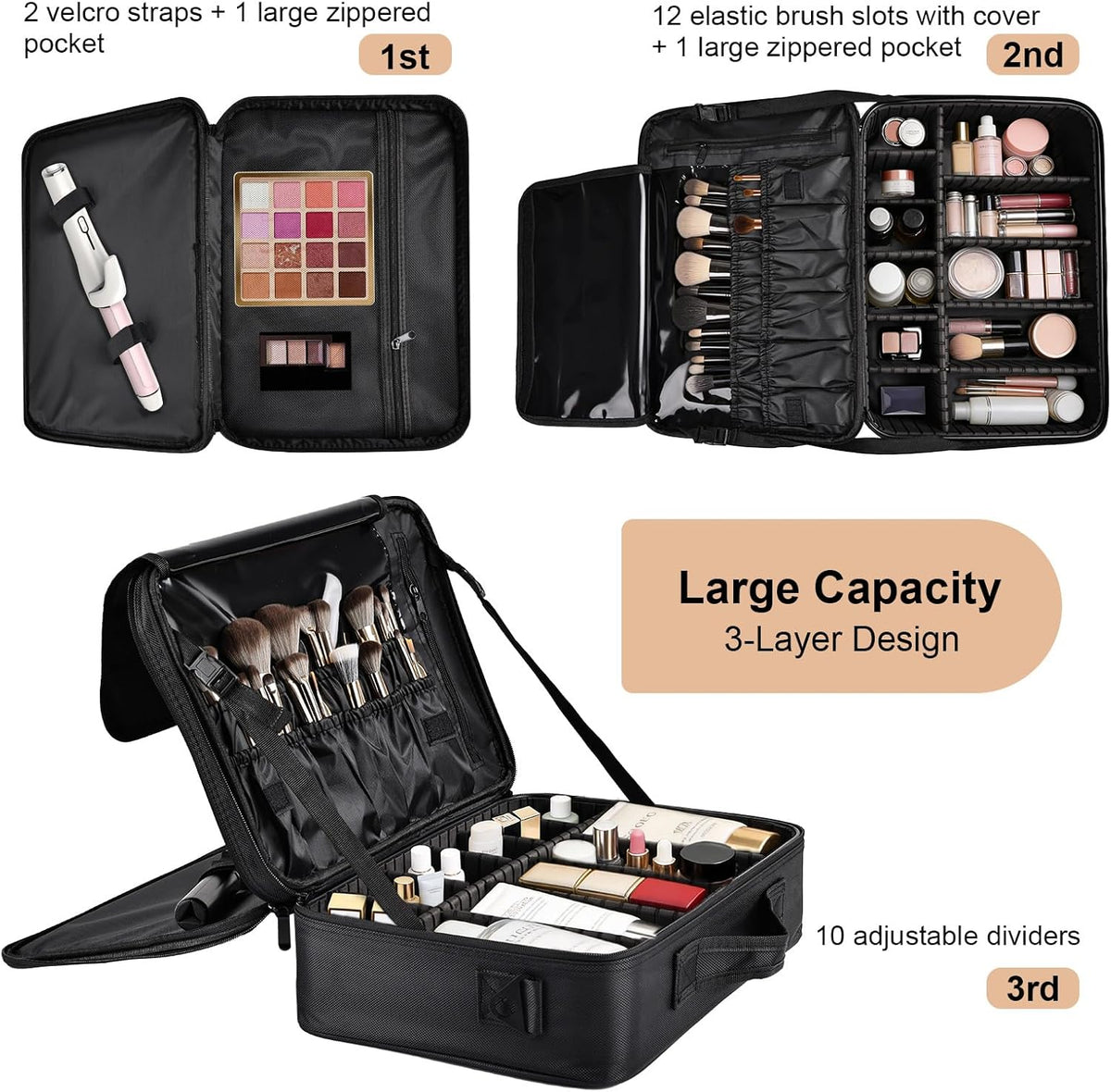 Travel Makeup Bag, Professional Cosmetic Train Case Organizer, Portable Travel Cosmetic Brush Bag Holder Makeup Artist Storage Box with Adjustable Dividers and Shoulder Strap, Black