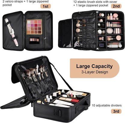 Travel Makeup Bag, Professional Cosmetic Train Case Organizer, Portable Travel Cosmetic Brush Bag Holder Makeup Artist Storage Box with Adjustable Dividers and Shoulder Strap, Black