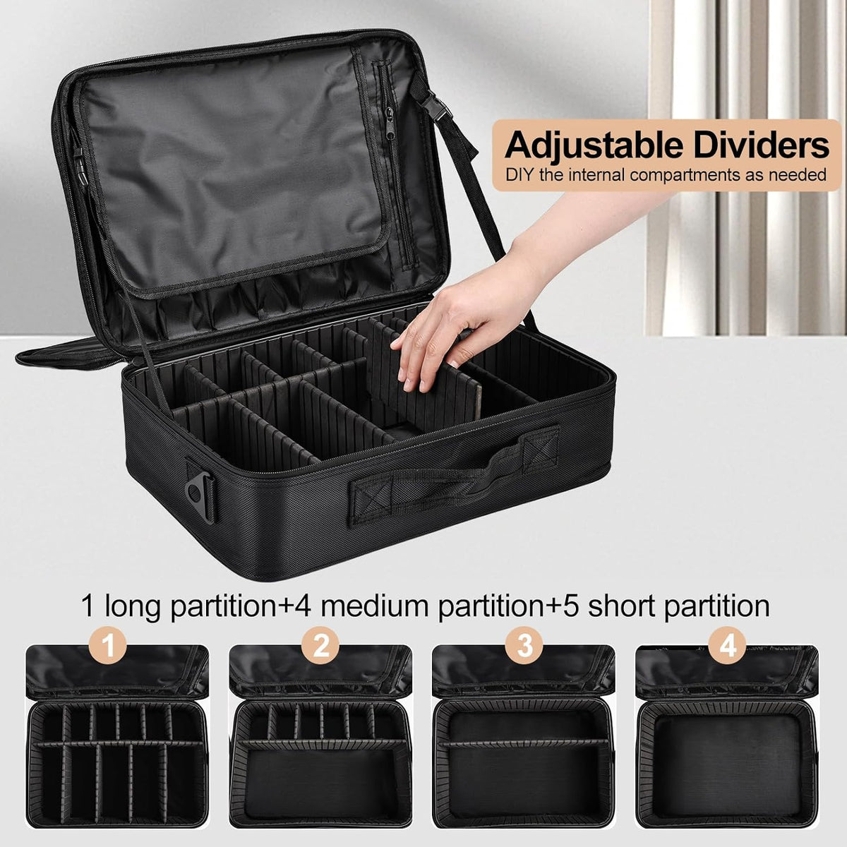Travel Makeup Bag, Professional Cosmetic Train Case Organizer, Portable Travel Cosmetic Brush Bag Holder Makeup Artist Storage Box with Adjustable Dividers and Shoulder Strap, Black