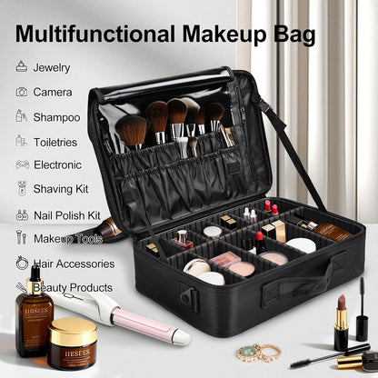 Travel Makeup Bag, Professional Cosmetic Train Case Organizer, Portable Travel Cosmetic Brush Bag Holder Makeup Artist Storage Box with Adjustable Dividers and Shoulder Strap, Black