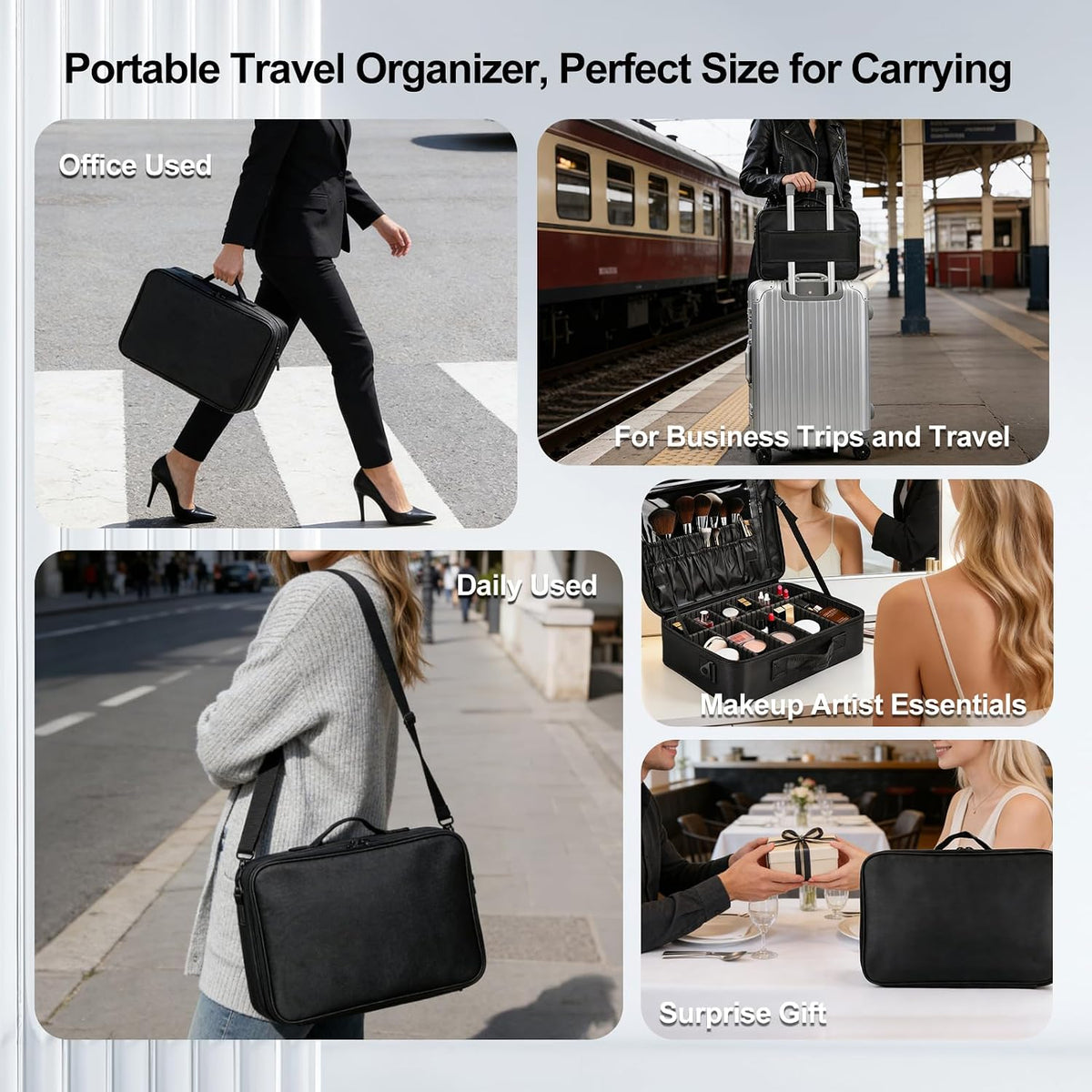 Travel Makeup Bag, Professional Cosmetic Train Case Organizer, Portable Travel Cosmetic Brush Bag Holder Makeup Artist Storage Box with Adjustable Dividers and Shoulder Strap, Black