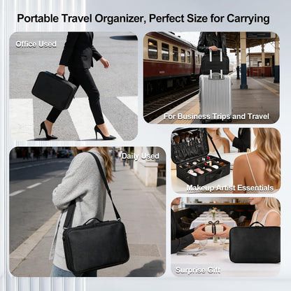 Travel Makeup Bag, Professional Cosmetic Train Case Organizer, Portable Travel Cosmetic Brush Bag Holder Makeup Artist Storage Box with Adjustable Dividers and Shoulder Strap, Black