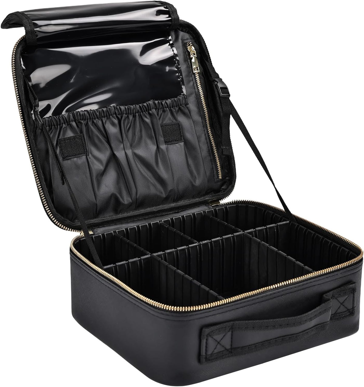 Travel Makeup Bag, Professional Cosmetic Train Case Organizer, Portable Travel Cosmetic Brush Bag Holder Makeup Artist Storage Box with Adjustable Dividers and Shoulder Strap, Black