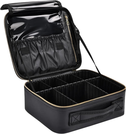 Travel Makeup Bag, Professional Cosmetic Train Case Organizer, Portable Travel Cosmetic Brush Bag Holder Makeup Artist Storage Box with Adjustable Dividers and Shoulder Strap, Black