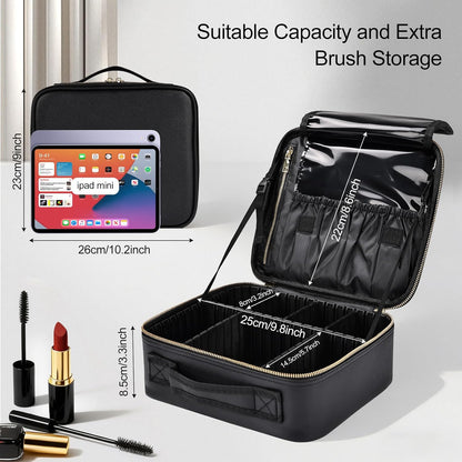 Travel Makeup Bag, Professional Cosmetic Train Case Organizer, Portable Travel Cosmetic Brush Bag Holder Makeup Artist Storage Box with Adjustable Dividers and Shoulder Strap, Black