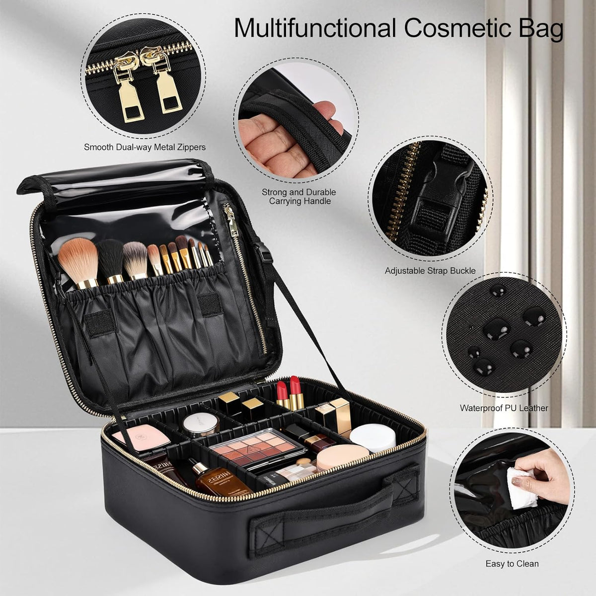 Travel Makeup Bag, Professional Cosmetic Train Case Organizer, Portable Travel Cosmetic Brush Bag Holder Makeup Artist Storage Box with Adjustable Dividers and Shoulder Strap, Black