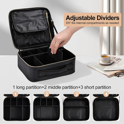 Travel Makeup Bag, Professional Cosmetic Train Case Organizer, Portable Travel Cosmetic Brush Bag Holder Makeup Artist Storage Box with Adjustable Dividers and Shoulder Strap, Black