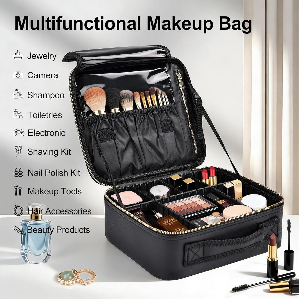 Travel Makeup Bag, Professional Cosmetic Train Case Organizer, Portable Travel Cosmetic Brush Bag Holder Makeup Artist Storage Box with Adjustable Dividers and Shoulder Strap, Black
