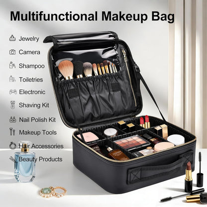 Travel Makeup Bag, Professional Cosmetic Train Case Organizer, Portable Travel Cosmetic Brush Bag Holder Makeup Artist Storage Box with Adjustable Dividers and Shoulder Strap, Black