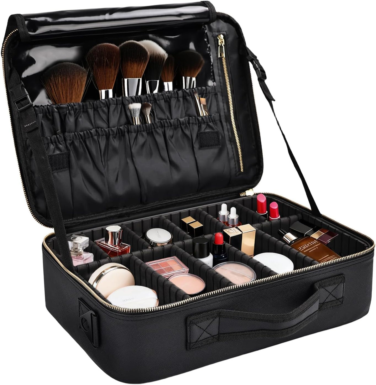 Travel Makeup Bag, Professional Cosmetic Train Case Organizer, Portable Travel Cosmetic Brush Bag Holder Makeup Artist Storage Box with Adjustable Dividers and Shoulder Strap, Black