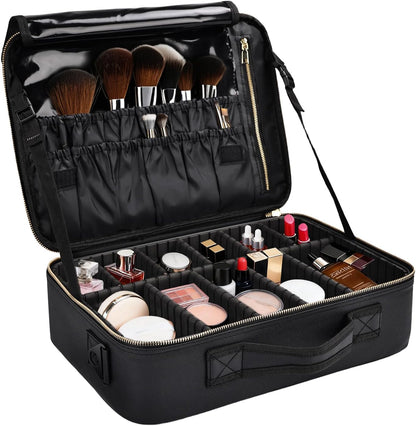 Travel Makeup Bag, Professional Cosmetic Train Case Organizer, Portable Travel Cosmetic Brush Bag Holder Makeup Artist Storage Box with Adjustable Dividers and Shoulder Strap, Black