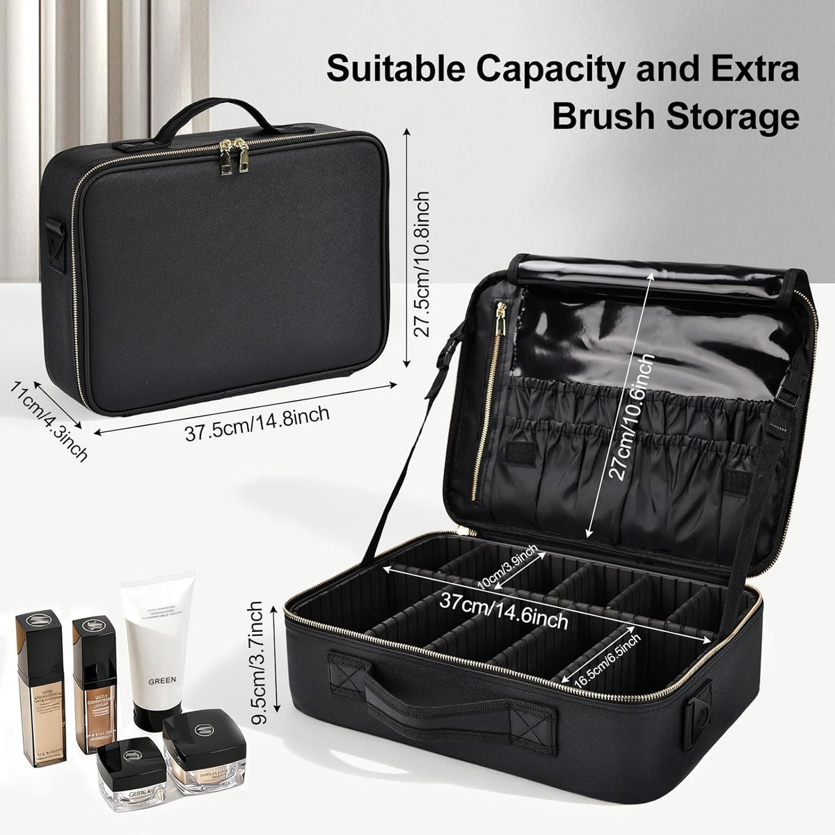 Travel Makeup Bag, Professional Cosmetic Train Case Organizer, Portable Travel Cosmetic Brush Bag Holder Makeup Artist Storage Box with Adjustable Dividers and Shoulder Strap, Black