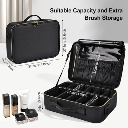 Travel Makeup Bag, Professional Cosmetic Train Case Organizer, Portable Travel Cosmetic Brush Bag Holder Makeup Artist Storage Box with Adjustable Dividers and Shoulder Strap, Black