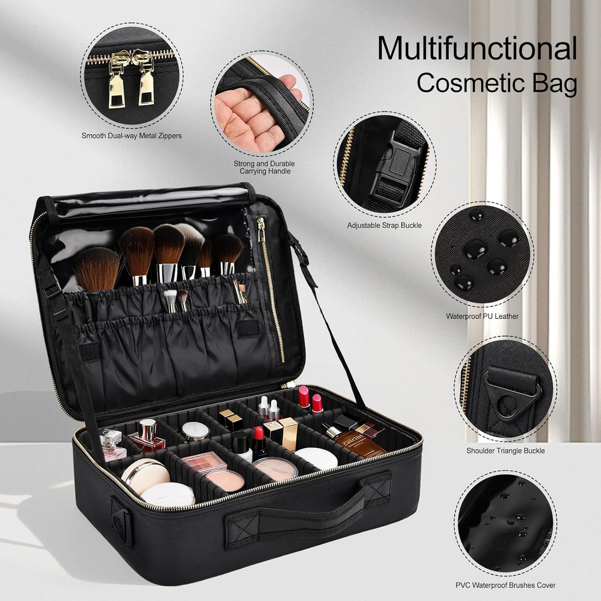 Travel Makeup Bag, Professional Cosmetic Train Case Organizer, Portable Travel Cosmetic Brush Bag Holder Makeup Artist Storage Box with Adjustable Dividers and Shoulder Strap, Black