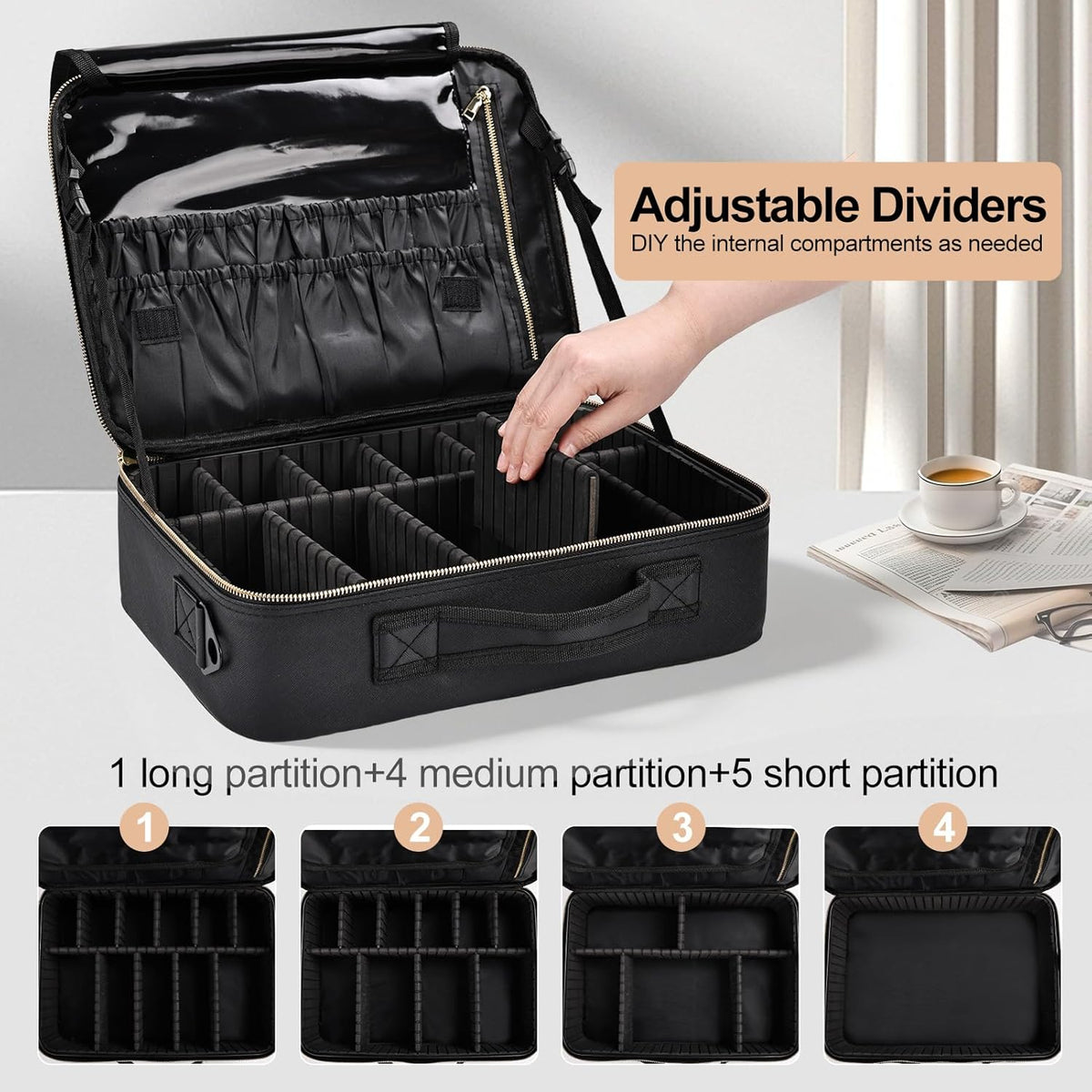 Travel Makeup Bag, Professional Cosmetic Train Case Organizer, Portable Travel Cosmetic Brush Bag Holder Makeup Artist Storage Box with Adjustable Dividers and Shoulder Strap, Black