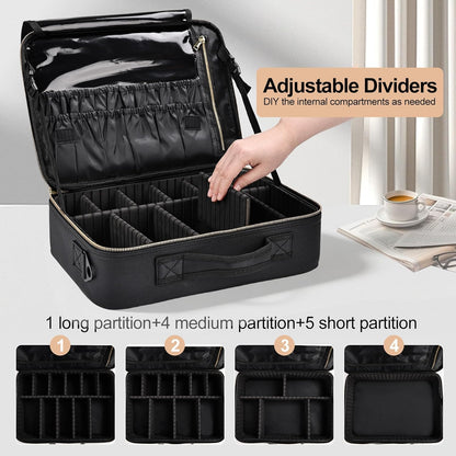 Travel Makeup Bag, Professional Cosmetic Train Case Organizer, Portable Travel Cosmetic Brush Bag Holder Makeup Artist Storage Box with Adjustable Dividers and Shoulder Strap, Black
