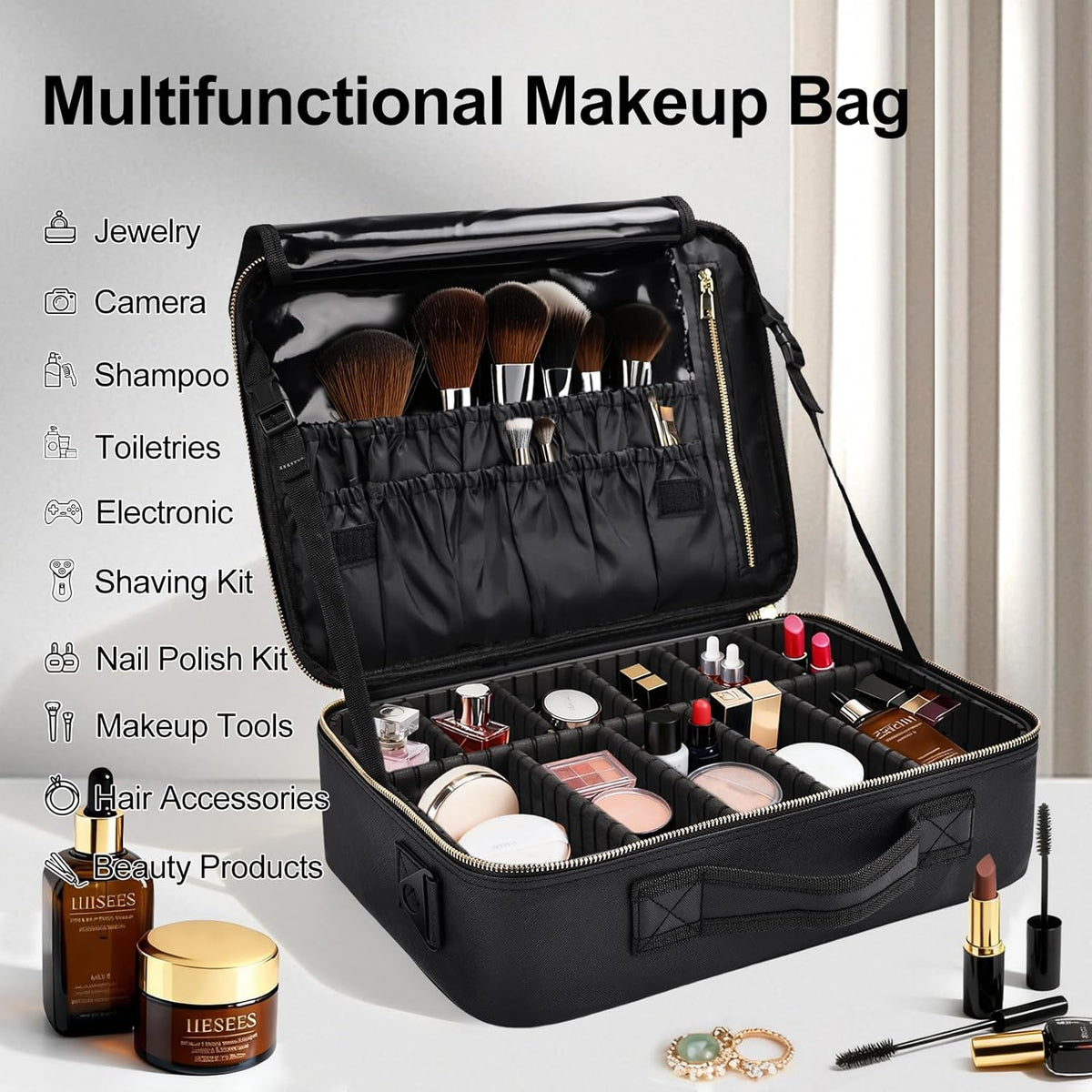 Travel Makeup Bag, Professional Cosmetic Train Case Organizer, Portable Travel Cosmetic Brush Bag Holder Makeup Artist Storage Box with Adjustable Dividers and Shoulder Strap, Black