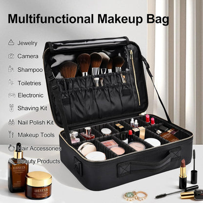Travel Makeup Bag, Professional Cosmetic Train Case Organizer, Portable Travel Cosmetic Brush Bag Holder Makeup Artist Storage Box with Adjustable Dividers and Shoulder Strap, Black