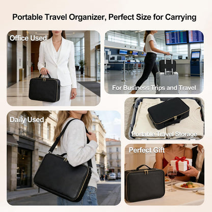 Travel Makeup Bag, Professional Cosmetic Train Case Organizer, Portable Travel Cosmetic Brush Bag Holder Makeup Artist Storage Box with Adjustable Dividers and Shoulder Strap, Black