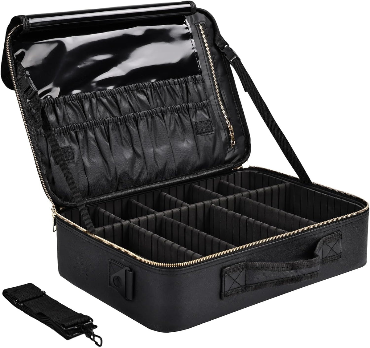 Travel Makeup Bag, Professional Cosmetic Train Case Organizer, Portable Travel Cosmetic Brush Bag Holder Makeup Artist Storage Box with Adjustable Dividers and Shoulder Strap, Black