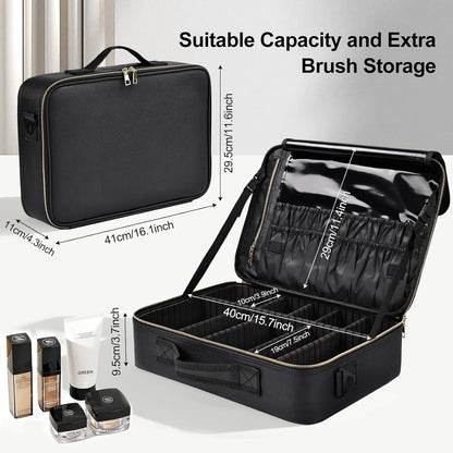 Travel Makeup Bag, Professional Cosmetic Train Case Organizer, Portable Travel Cosmetic Brush Bag Holder Makeup Artist Storage Box with Adjustable Dividers and Shoulder Strap, Black