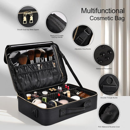 Travel Makeup Bag, Professional Cosmetic Train Case Organizer, Portable Travel Cosmetic Brush Bag Holder Makeup Artist Storage Box with Adjustable Dividers and Shoulder Strap, Black