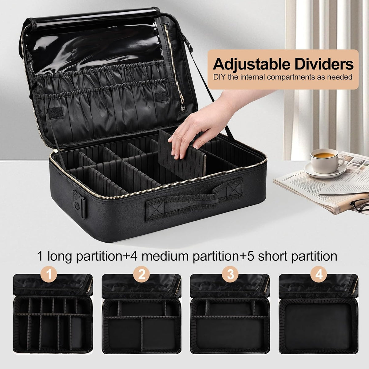 Travel Makeup Bag, Professional Cosmetic Train Case Organizer, Portable Travel Cosmetic Brush Bag Holder Makeup Artist Storage Box with Adjustable Dividers and Shoulder Strap, Black