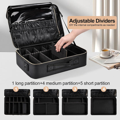Travel Makeup Bag, Professional Cosmetic Train Case Organizer, Portable Travel Cosmetic Brush Bag Holder Makeup Artist Storage Box with Adjustable Dividers and Shoulder Strap, Black
