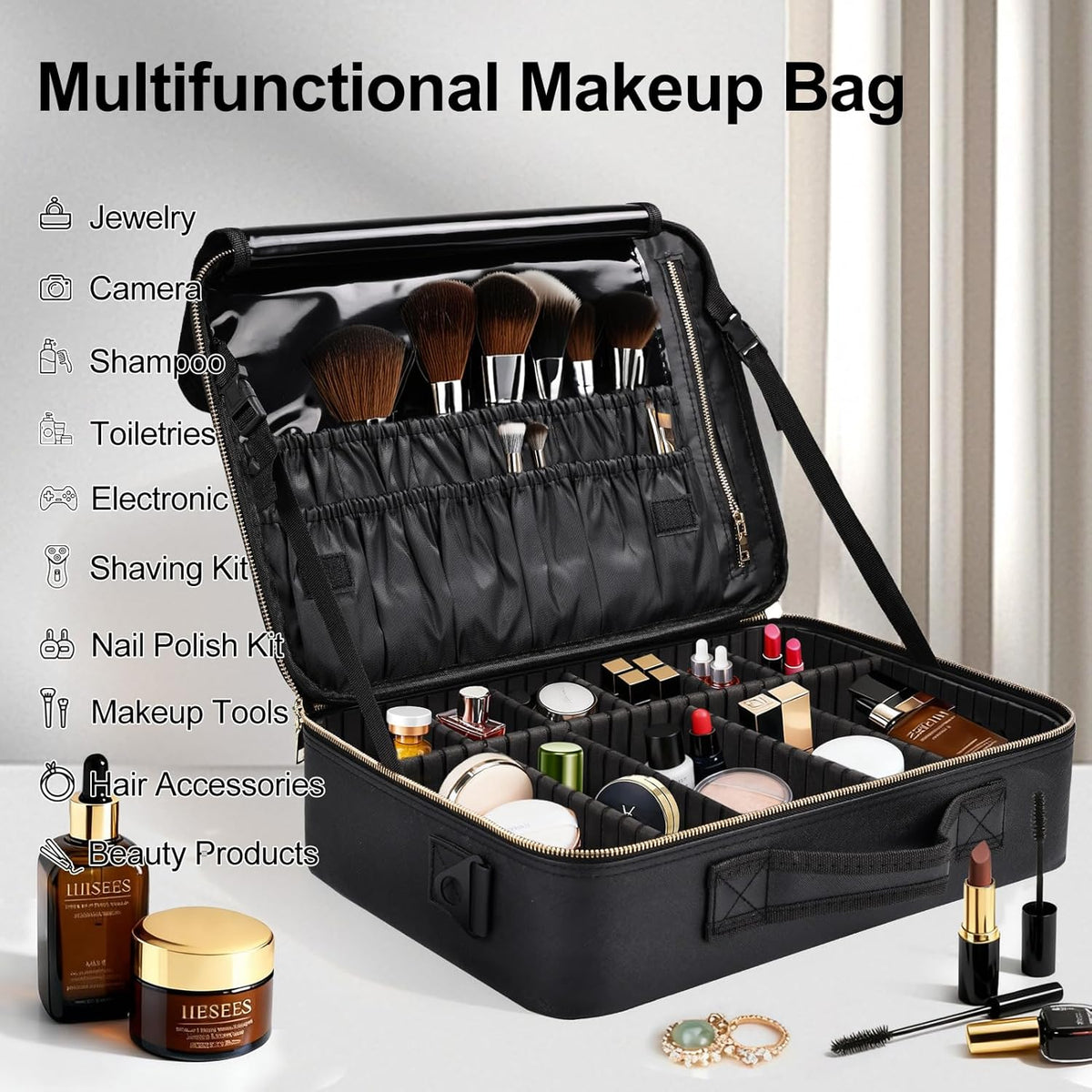 Travel Makeup Bag, Professional Cosmetic Train Case Organizer, Portable Travel Cosmetic Brush Bag Holder Makeup Artist Storage Box with Adjustable Dividers and Shoulder Strap, Black