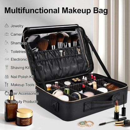Travel Makeup Bag, Professional Cosmetic Train Case Organizer, Portable Travel Cosmetic Brush Bag Holder Makeup Artist Storage Box with Adjustable Dividers and Shoulder Strap, Black