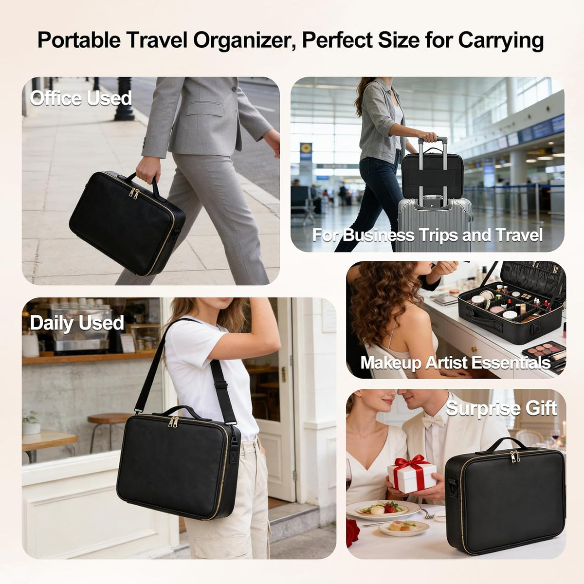 Travel Makeup Bag, Professional Cosmetic Train Case Organizer, Portable Travel Cosmetic Brush Bag Holder Makeup Artist Storage Box with Adjustable Dividers and Shoulder Strap, Black