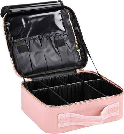 Travel Makeup Bag, Professional Cosmetic Train Case Organizer, Portable Travel Cosmetic Brush Bag Holder Makeup Artist Storage Box with Adjustable Dividers and Shoulder Strap, Black