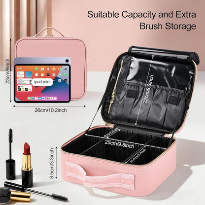 Travel Makeup Bag, Professional Cosmetic Train Case Organizer, Portable Travel Cosmetic Brush Bag Holder Makeup Artist Storage Box with Adjustable Dividers and Shoulder Strap, Black