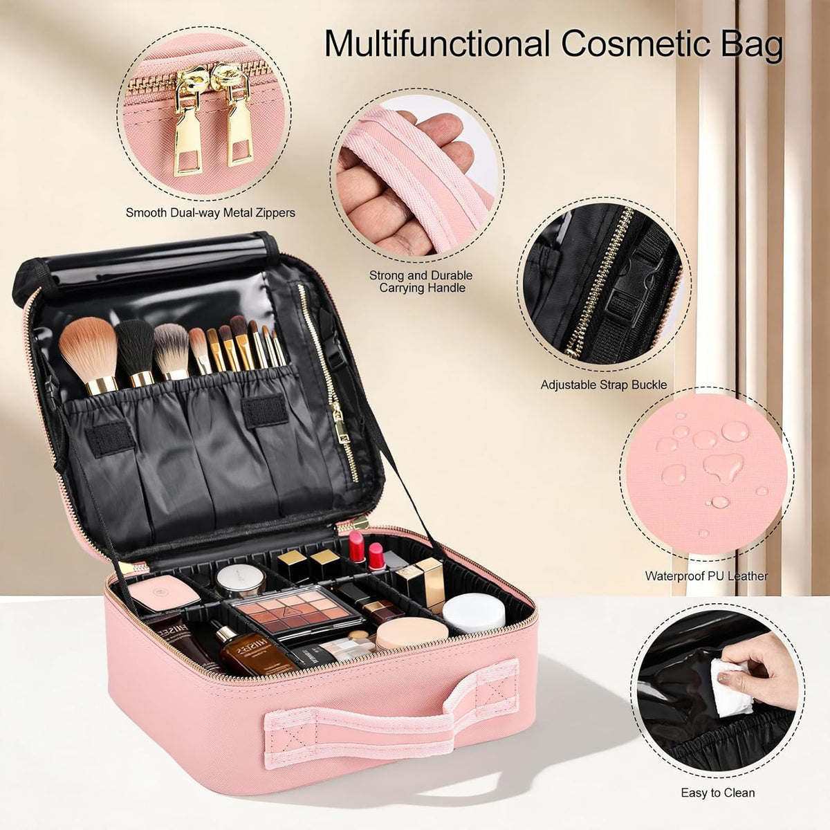 Travel Makeup Bag, Professional Cosmetic Train Case Organizer, Portable Travel Cosmetic Brush Bag Holder Makeup Artist Storage Box with Adjustable Dividers and Shoulder Strap, Black