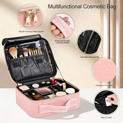 Travel Makeup Bag, Professional Cosmetic Train Case Organizer, Portable Travel Cosmetic Brush Bag Holder Makeup Artist Storage Box with Adjustable Dividers and Shoulder Strap, Black